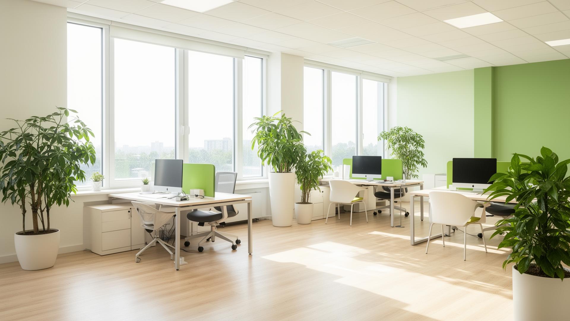 Bright, freshly cleaned commercial office space with plants and sunlight